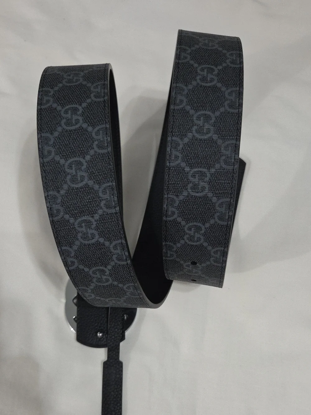 Gucci Black Leather Monogram Belt Silver Double GG Buckle